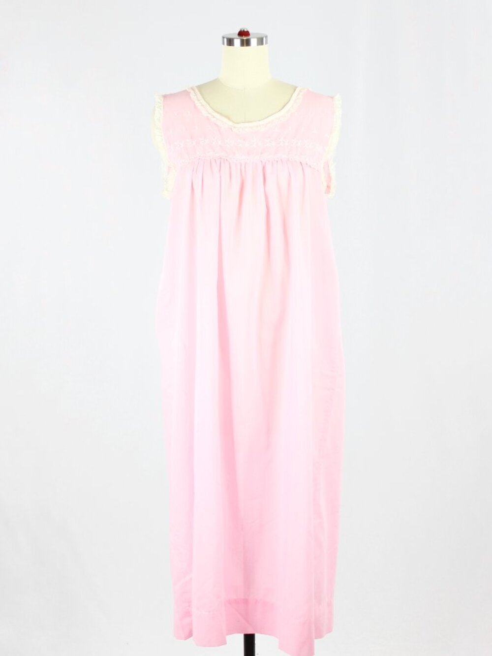 Vintage Pink Polycotton Voile Lace Embroidered Trim Peignoir Nightgown, One Size